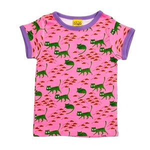 DUNS Sweden CATS SHORT SLEEVED TOP Pink Cat and Fish Print T-Shirt